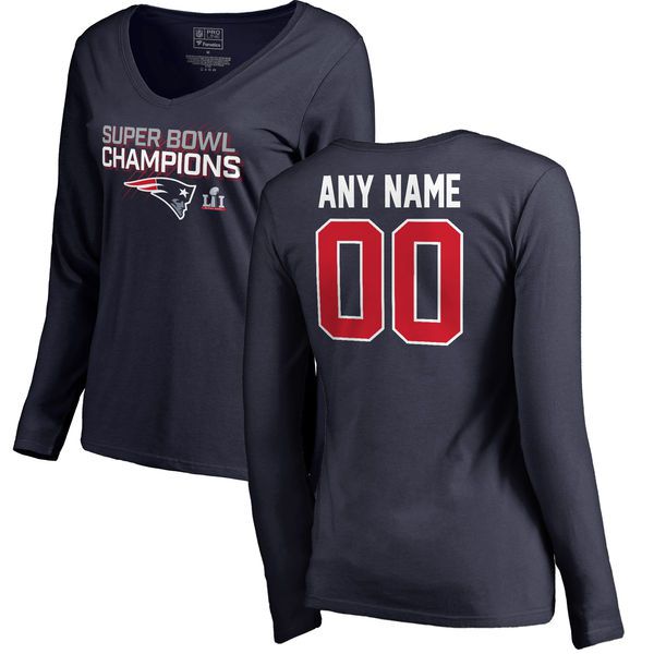 Women New England Patriots NFL Pro Line by Fanatics Branded Navy Super Bowl LI Champions Custom V-Neck Long Sleeve T-Shirt